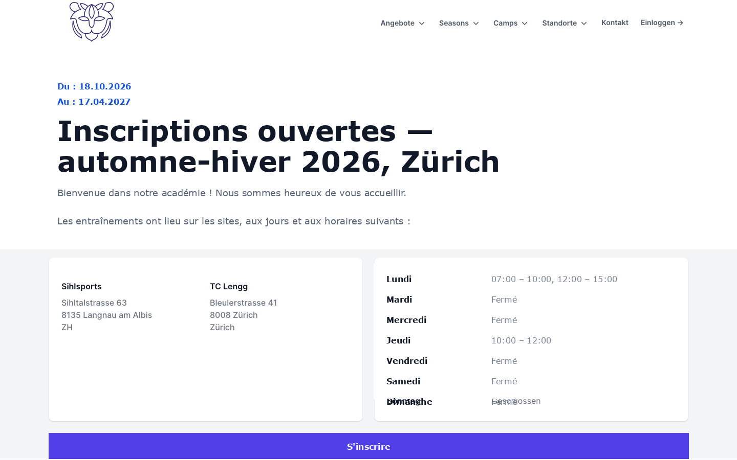 Page publique d’une saison avec sites, créneaux d’entraînement et inscription