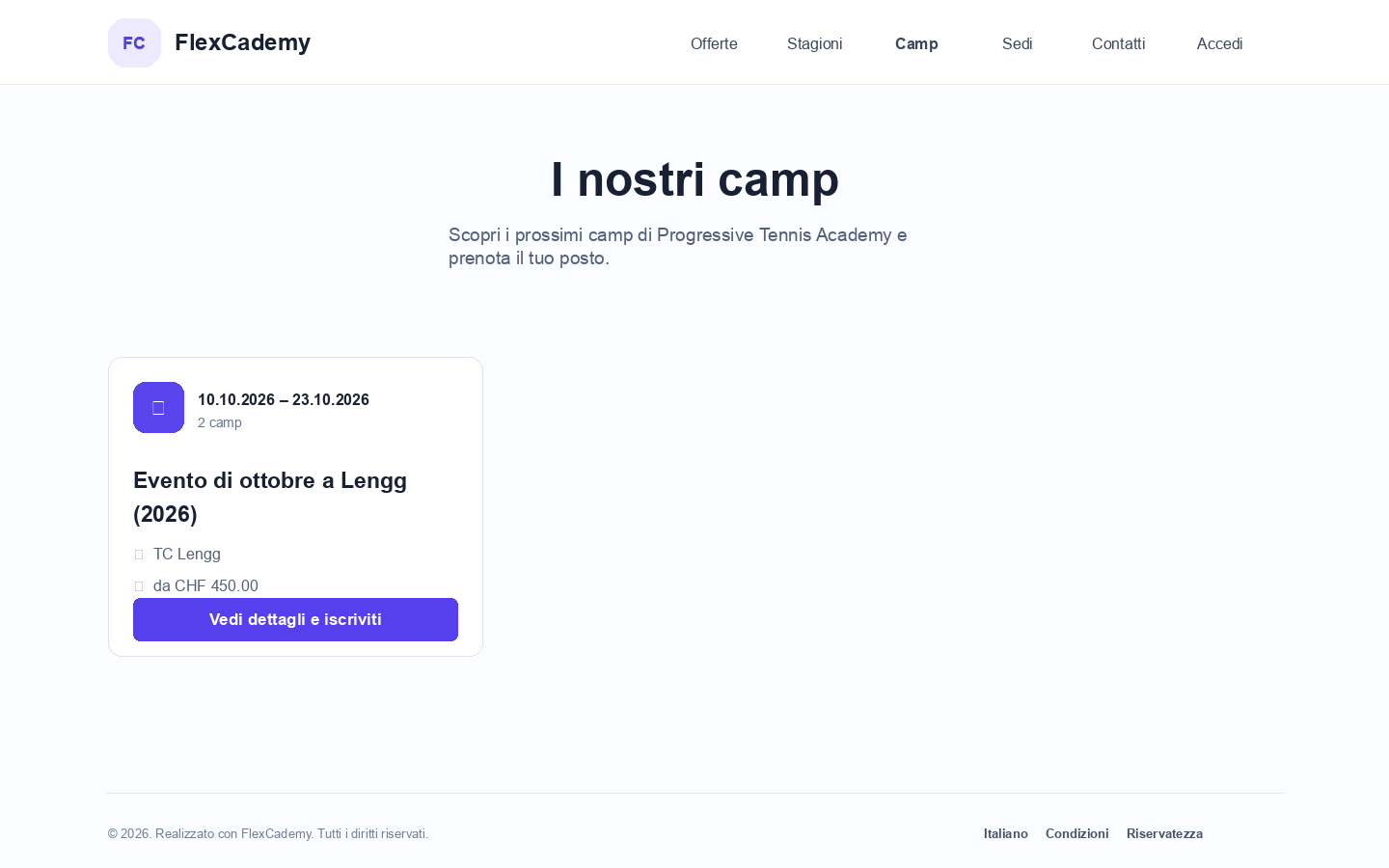 Pagine di presentazione dei camp con capacità e procedura di iscrizione